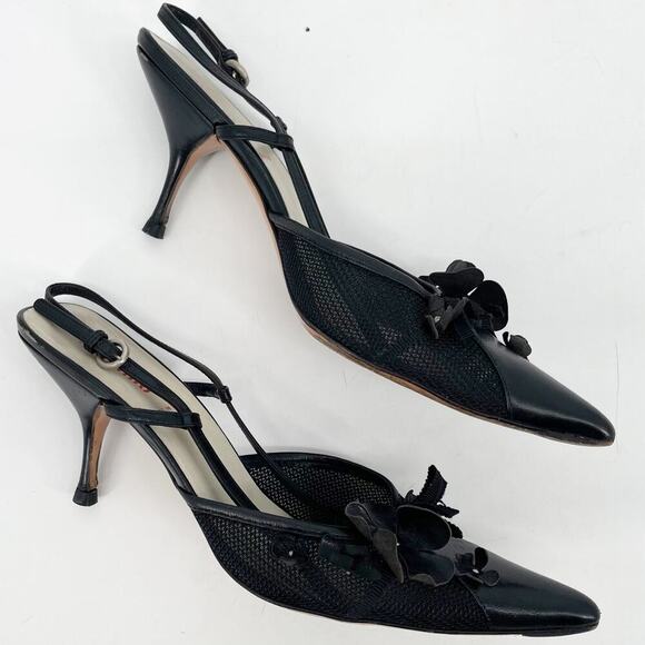 Miu Miu Vintage Retro Black Flower Bow Mesh Pointed Toe Slingback Heel IT 38 - Picture 4 of 13